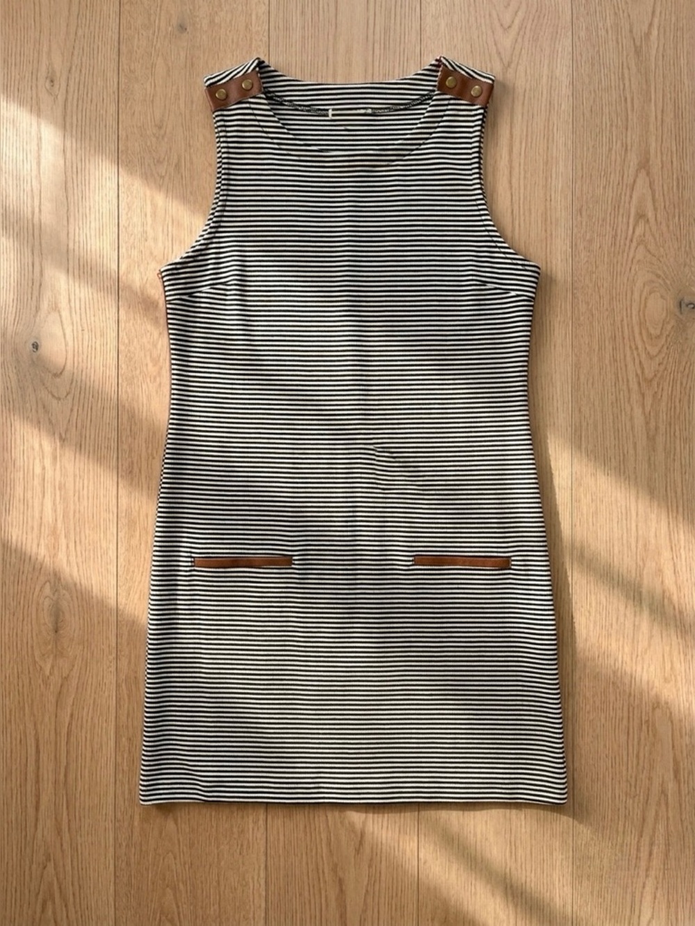 Juicy Couture Black and White Striped Sleeveless  Dress with Brown trim.